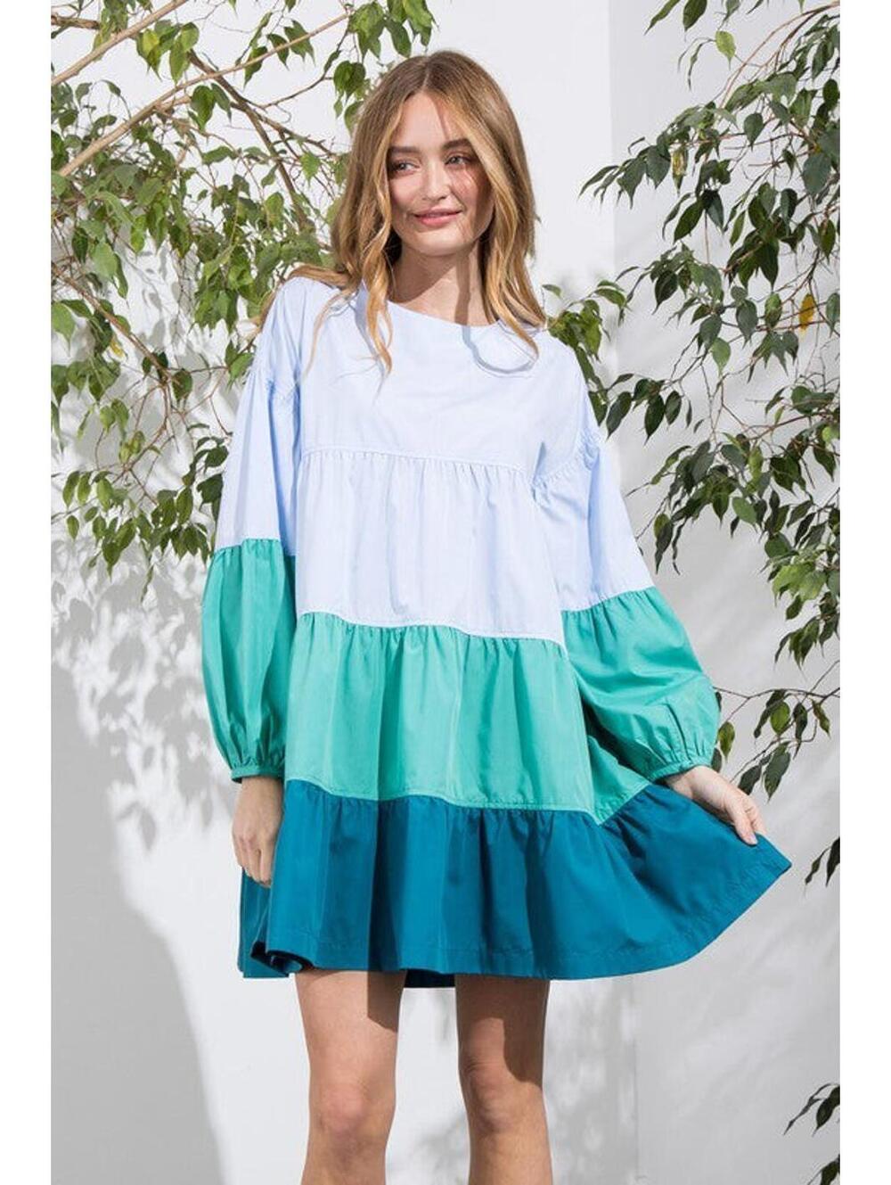 AARON & AMBER Color Block Tiered Mini Dress Blue Teal Green Puff Sleeve Size L